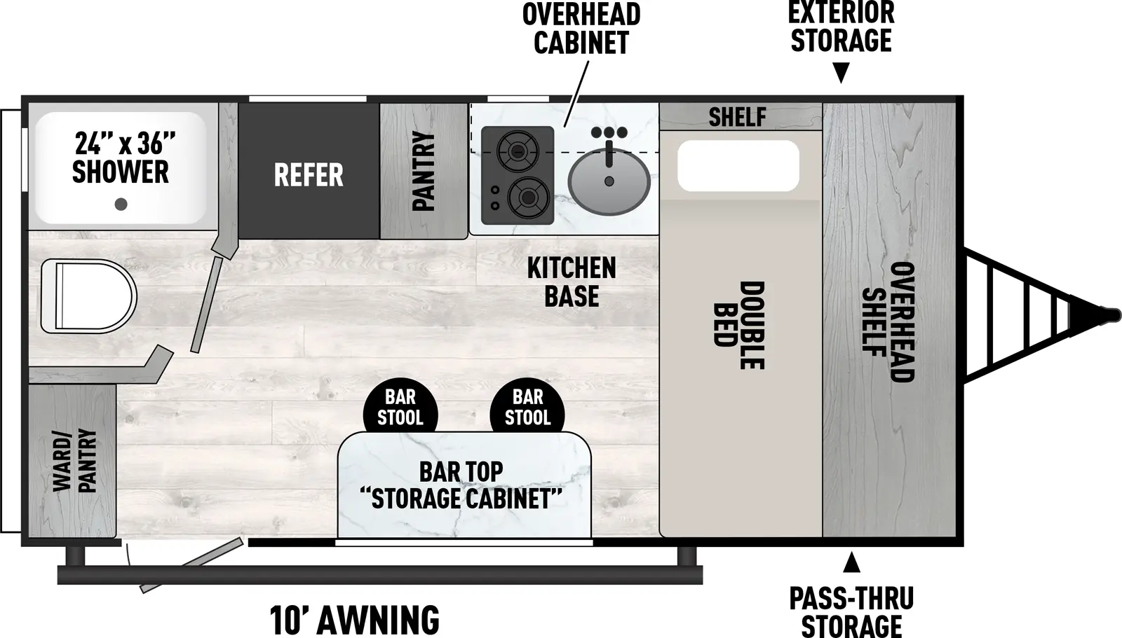 The Clipper Travel Trailers 16FB floorplan has one entry and zero slide outs. Exterior features include: metal exterior and 10' awning. Interiors features include: front bedroom.